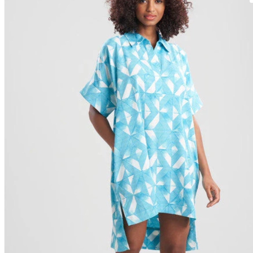 NATORI Sumi Short Small Aqua White Short Sleeve Lightweight Caftan Dress